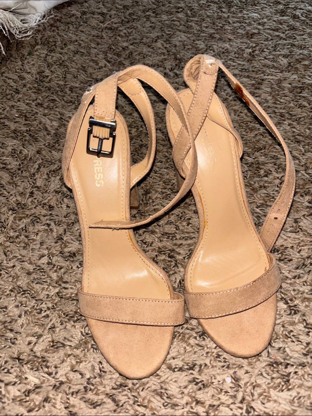 Express Nude/Beige Suede Ankle-Strap Heeled Sandals